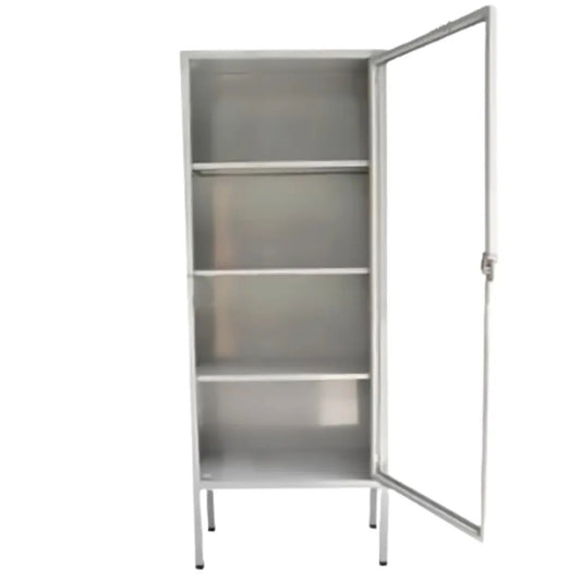vitrina clínica de una puerta con cerradura y repisas interiores – Point Medic Chile